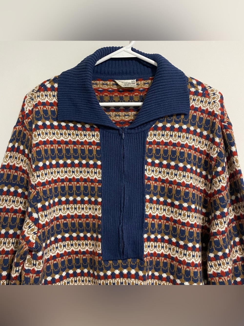 Vintage Kmart 80s Zip Up Pullover Striped Geometric Retro Colorful Sweater Sz L